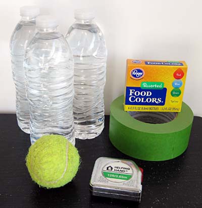 Three plastic water bottles, food coloring, tape, a tennis ball and a tape measure