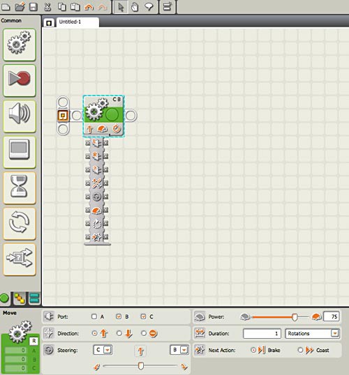 Screenshot of a move block being used in the program Mindstorms NXT-G