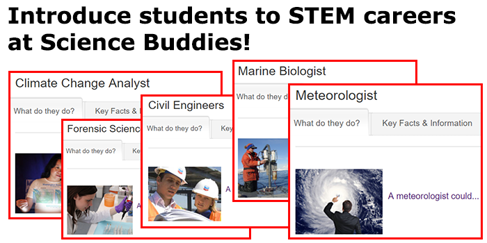 Cropped screenshots of five career profiles from the website ScienceBuddies.org