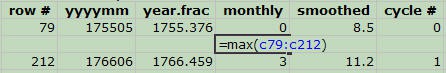 Cropped screenshot of a max function entered in a spreadsheet for sunspots in Microsoft Excel