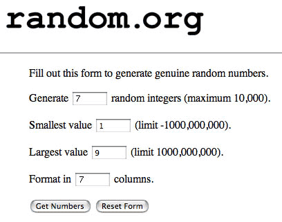 Screenshot of a random number generator from the website random.org