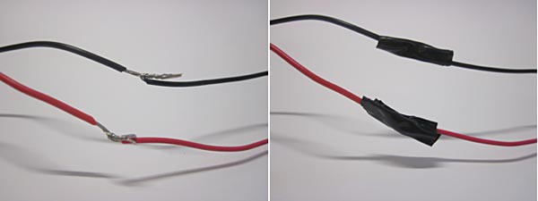 Two photos of a couple of wires twisted together and sealed with electrical tape