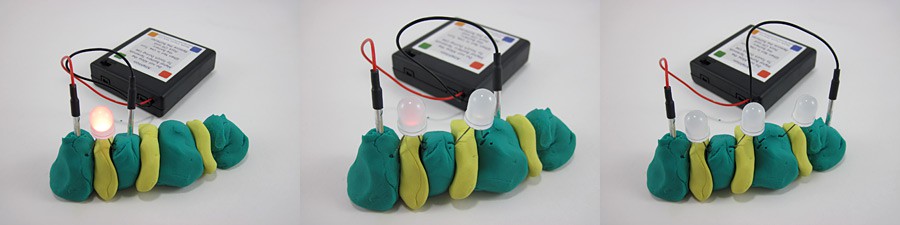 Photos of 1, 2 and 3 LEDs being connected in series to a battery using balls of Play-Doh
