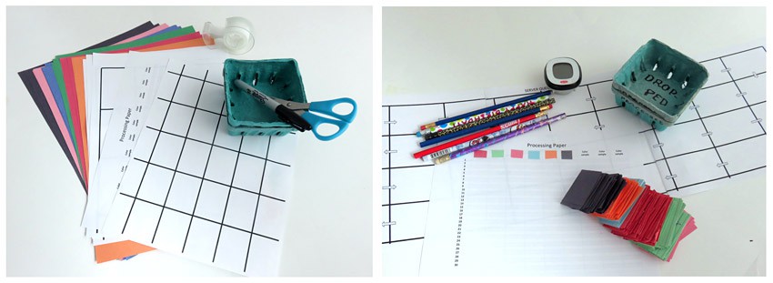Paper of different colors, a marker, scissors, small plastic containers, a timer and pencils