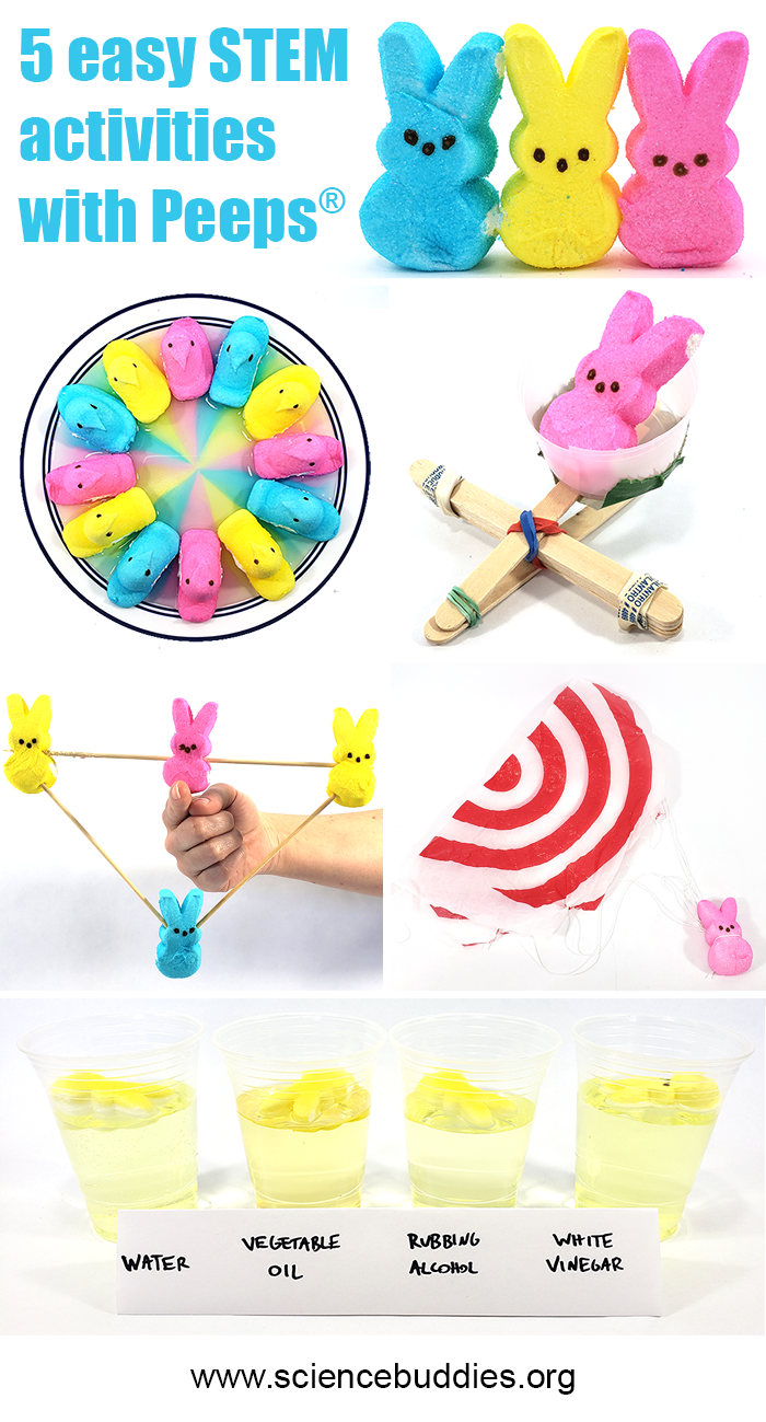 Photo collage of five projects based on the colorful Peeps candy