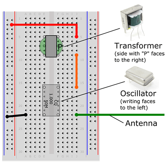 Wiring diagram shows a transformer, oscillator and antenna connected to a breadboard