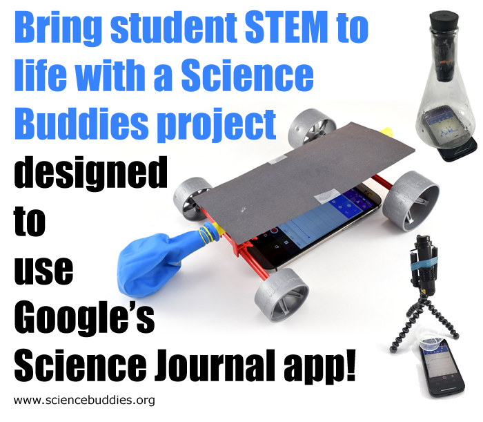 A smartphone using the Google Science Journal app in three different science projects