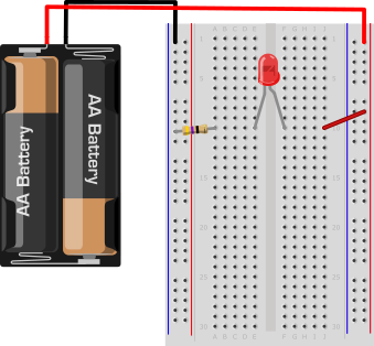 Drawing of a breadboard with a battery pack, resistor and LED