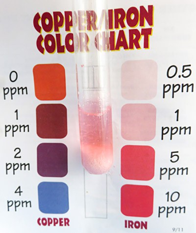 Pink solution in a test tube next to a color chart used to measure iron and copper content