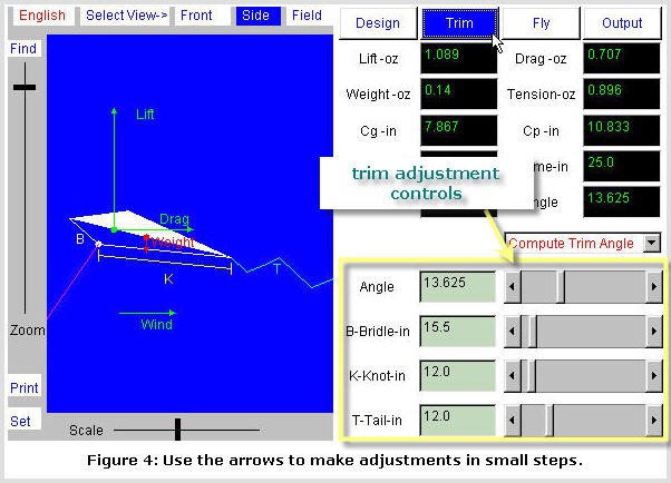 Screenshot of a kites trim ajustments in the Kite Simulator program