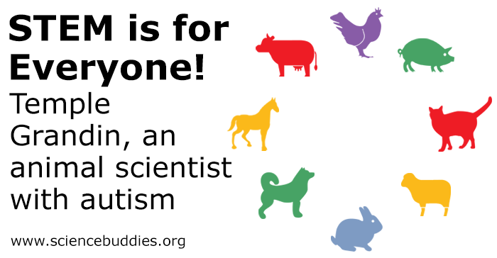 Banner image for STEM inclusivity - icons of animals to represent the career focus of Temple Grandin, an animal scientist who has autism, part of the STEM is for Everyone series