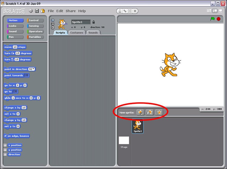 Screenshot of renaming a sprite in the program Scratch