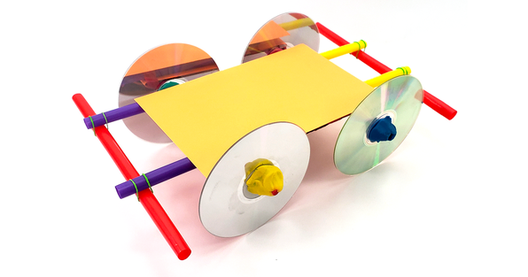 Homemade car made from craft materials with bumpers added to explore energy and forces of motion
