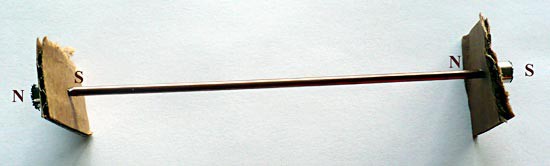 An iron core with cardboard and opposite facing magnets on each end