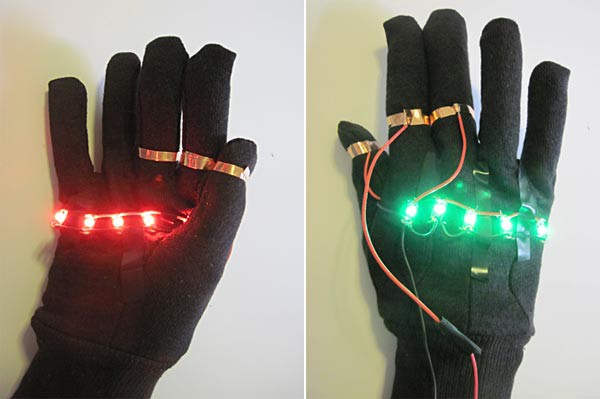 Two photos show strips of red and green LEDs on a glove lighting up