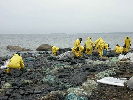Workers in yellow hazmat suits clean a beach after an oil spill