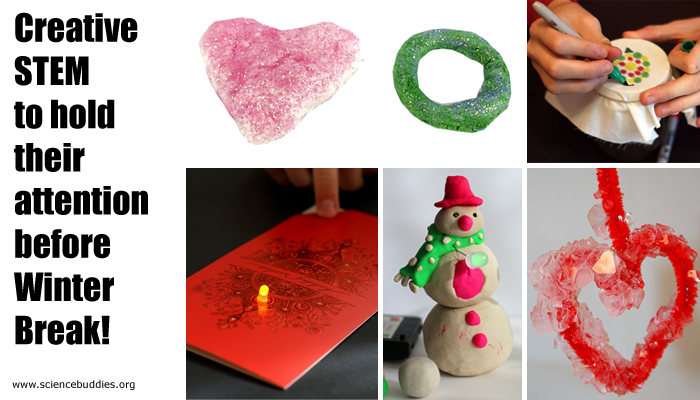 Photo collage of six holiday themed science projects