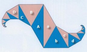 A single spidron arm broken down into alternating pink and blue triangles