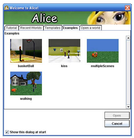 Welcome screen in a program called Storytelling Alice