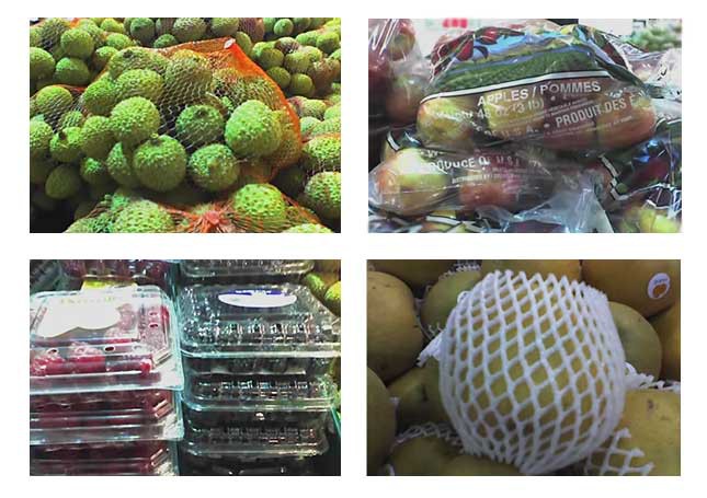 Photos of four different fruits that each have different packaging