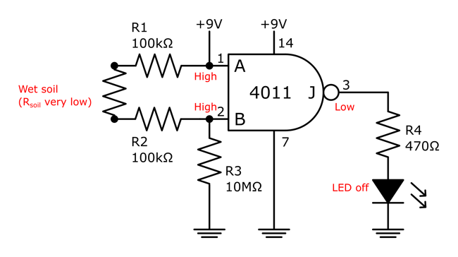 Circuit diagram for a soil moisture meter with the LED powered off