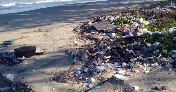 Picture of a beach covered in trash and litter