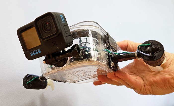 The Arduino ROV with a waterproof camera mounted to the front 