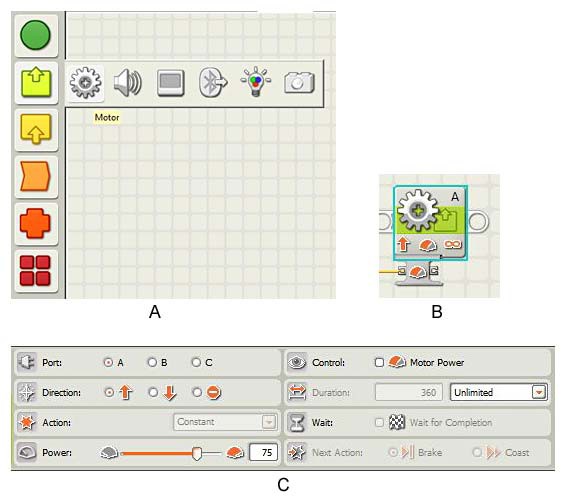 A motor block is selected in the LEGO NXT-G program and options for the block are displayed