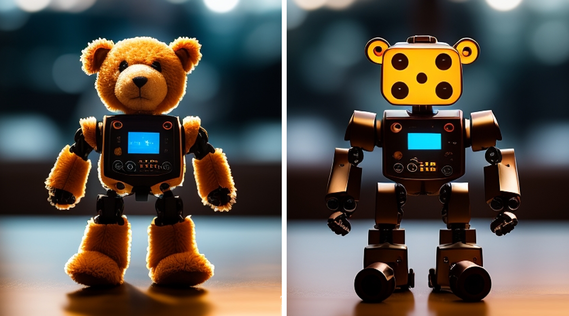 Two robots side by side, one is cute and stuffed and one is more machine-looking; images created by AI. Robots differ in appearance - how does this impact how we perceive them?