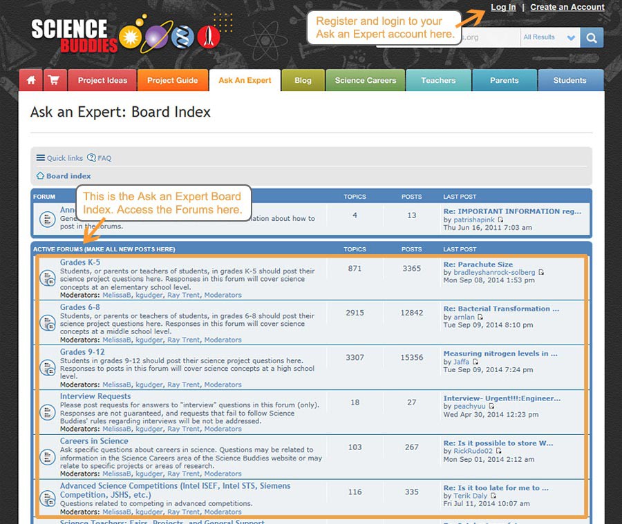 Screenshot of the Ask an Expert forum on the website ScienceBuddies.org