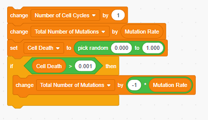 Scratch blocks telling the computer to change the number of cell cycles by 1, change the total number of mutations by the mutation rate, set cell death to a random number between 0.000 and 1.000, and if cell death is greater than 0.001 then change the total number of mutations by negative one times the mutation rate.  