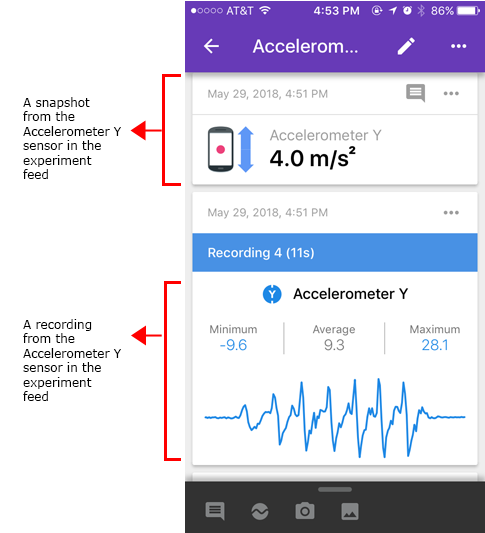 Screenshot shows a snapshot and recording of an accelerometer sensor card in the Google Science Journal app