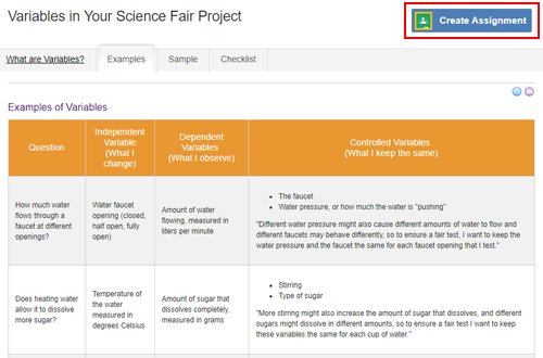 Cropped screenshot of a Create Assignment button highlighted on a Science Buddies project guide page