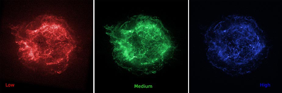 Three color adjusted x-ray images of a supernova at low, medium and high energy bands appear red, green and blue