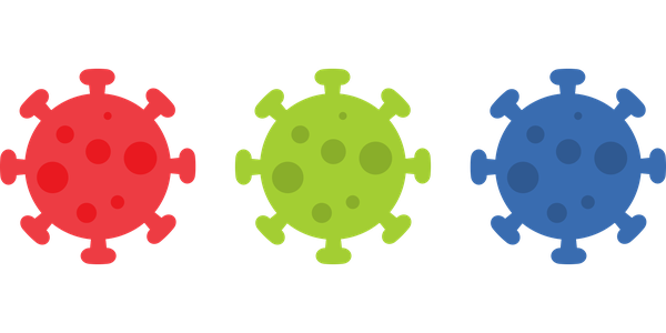 The same outline of a coronavirus is shown in three different colors.  