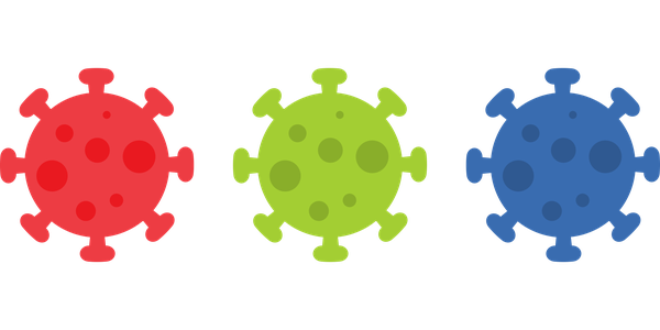 The same outline of a coronavirus is shown in three different colors.