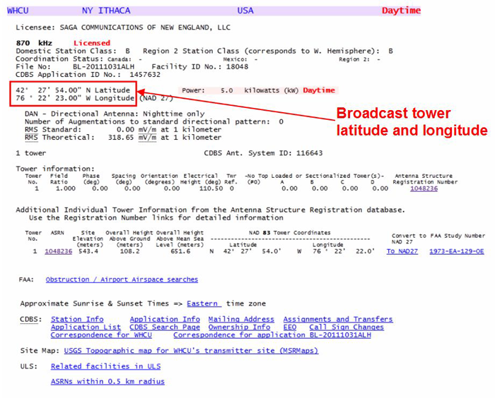 Screenshot of information for the WHCU station in Ithaca New York from the fcc.gov website