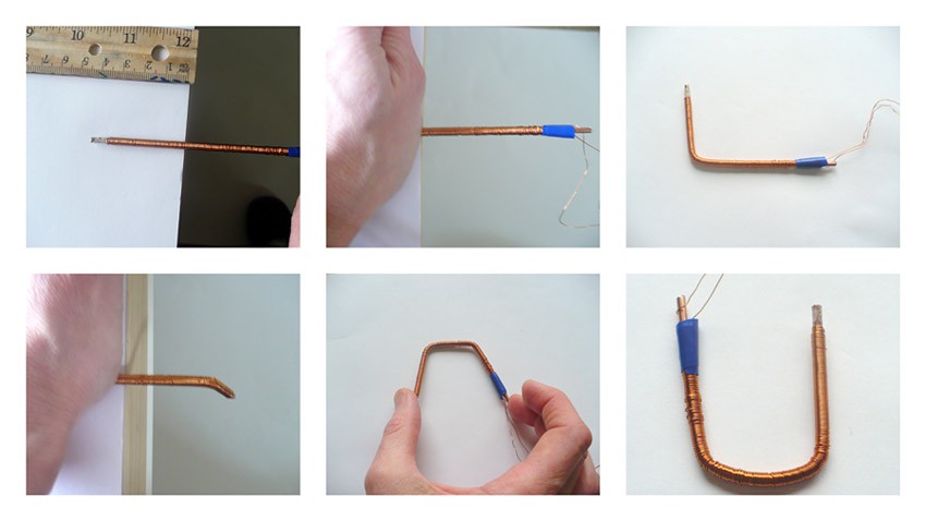 Six photos show a rod wrapped in copper wire being bent into a U shape