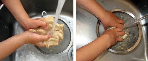 Rinsing a ball of dough inside of a strainer