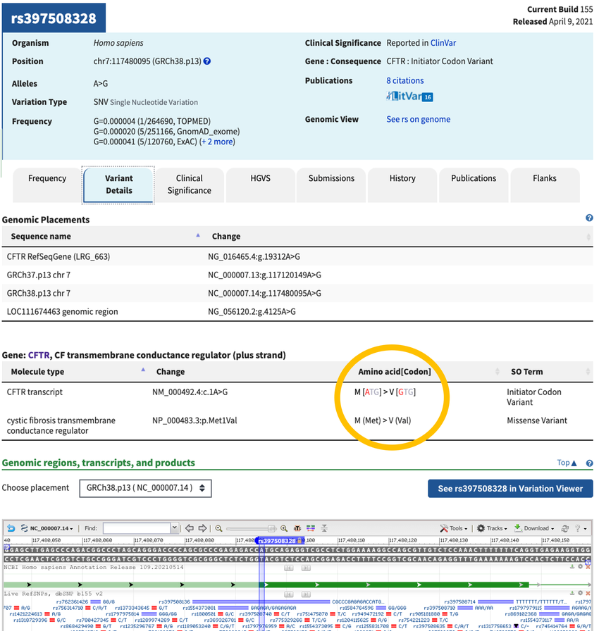 Screenshot of a specific variant page on the ncbi.nlm.nih.gov website