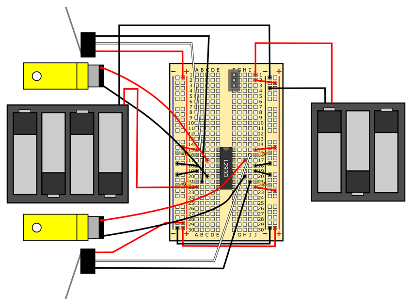 Breadboard diagram shows two motors, two battery packs and two lever switches wired to an obstacle avoiding robot circuit