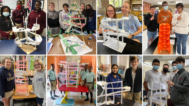 A collage of high school age students and the paper ball runs they built for the 2022 Engineering Challenge.