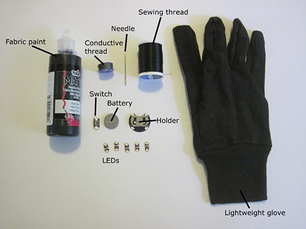 A glove, sewing thread, needle, conductive thread, coin cell battery, battery holder, switch, LilyPad LEDs and fabric paint