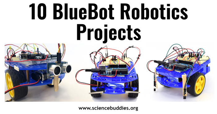 Three BlueBot robot examples from series of 10 robotics projects using the BlueBot Kit