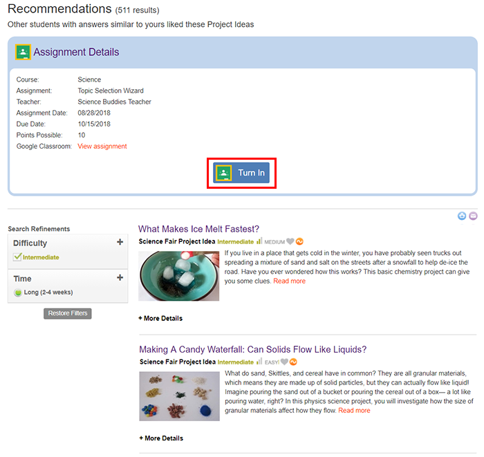 Cropped screenshot of a Turn In button highlighted on a project recommendations page on ScienceBuddies.org