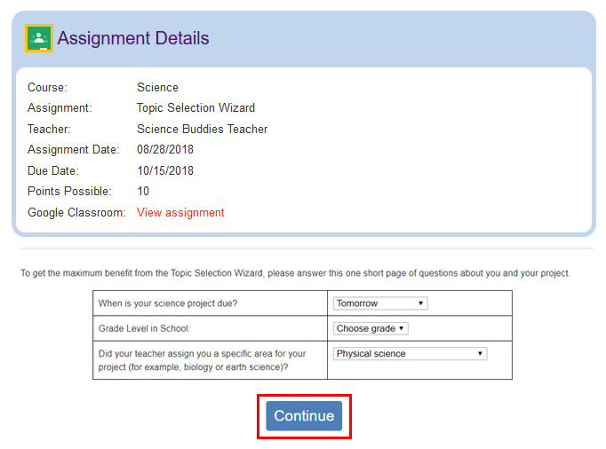 Cropped screenshot of a Google Classroom assignment details box above a questionnaire