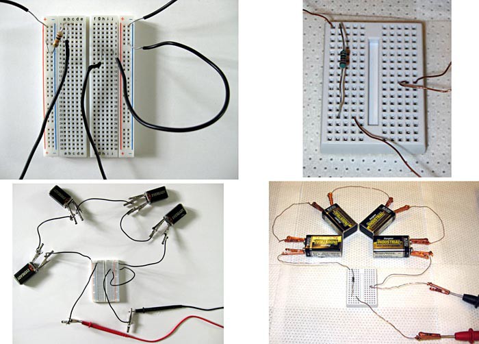 Four photos of the same circuit wired into two different breadboards