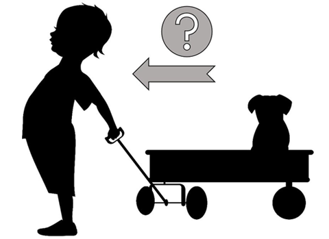 Outline of a child pulling a small wagon