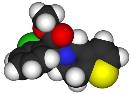 The space-filling model of the drug clopidogrel, green is chlorine, red is oxygen, blue is nitrogen, and yellow is sulfur