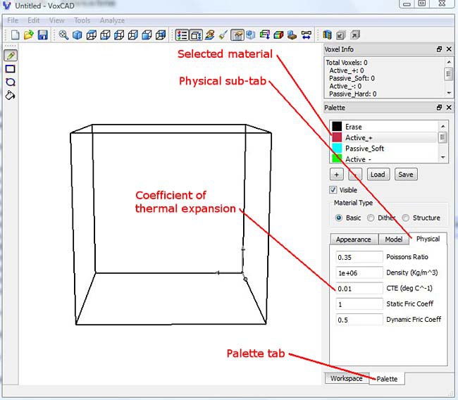 Screenshot shows physical properties of a cube in the program VoxCAD